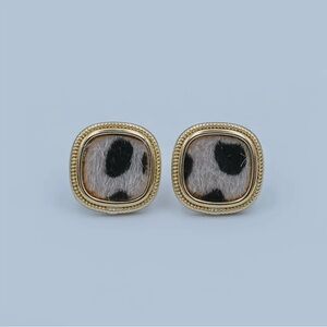 Animal Faux Fur Leopard Square Stud Earrings Gold Bezel Statement Studs NWT